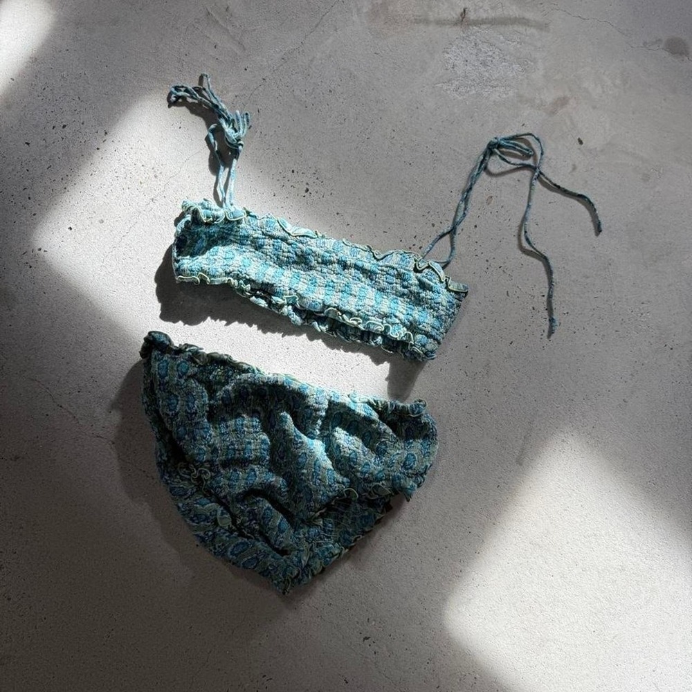 Free People Shirred Bandeau Bikini Set Women's M Blue Green Floral Boho